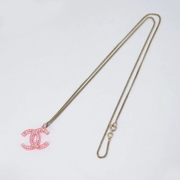 CHANEL CC Logos Rhinestone Pink Lucite Necklace 23" Gold Tone 04A Auth w/Box - Picture 3 of 7